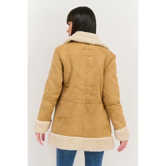 Bearpaw Faux Shearling Sherpa Jacket Tan Cream Zip Moto Coat Womens M - Picture 3 of 9